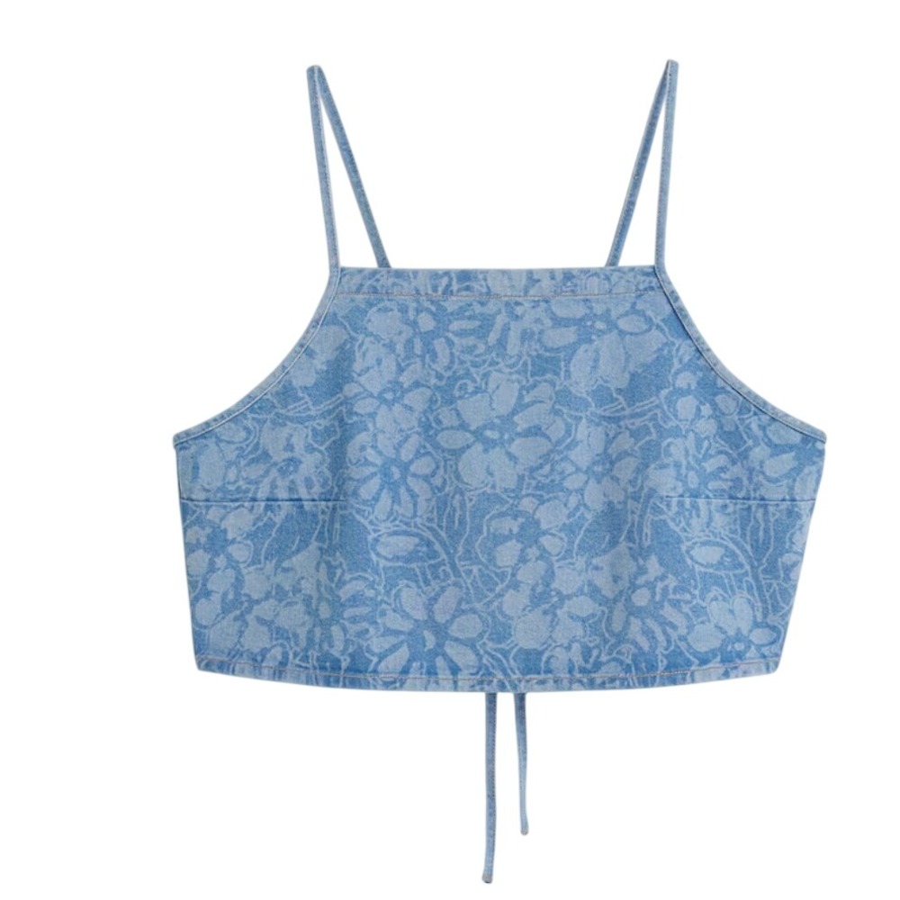 Floral Denim Crop Top Blue Laser Print Lace Up Back Spaghetti Strap Tank XL